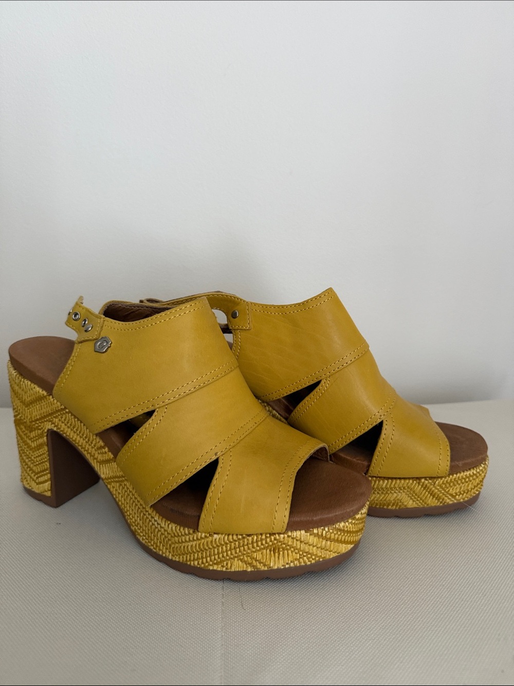 Carmela leather Mustard Yellow Platform Heel Sandals - Women
